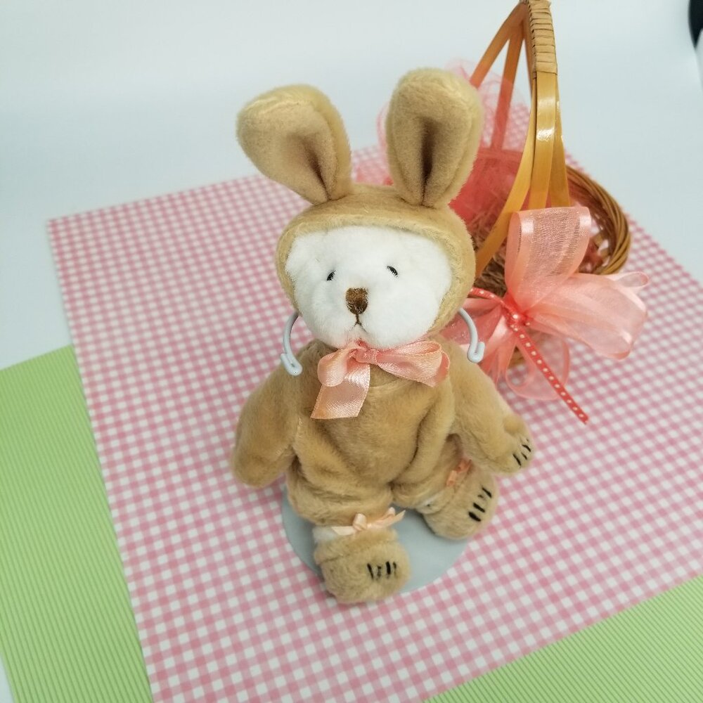 TEDDY BEAR DRESSED IN TAN BUNNY SUIT, 6” TALL, VINTAGE, LIKE NEW